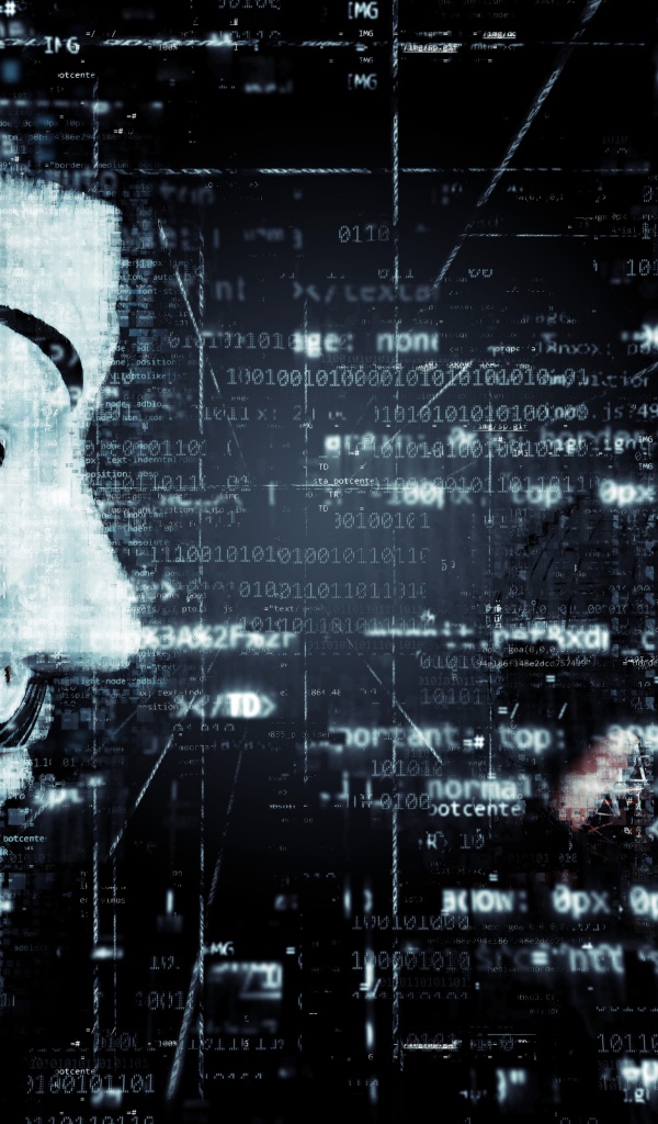 Маска хакера анонимуса на фоне числового кода