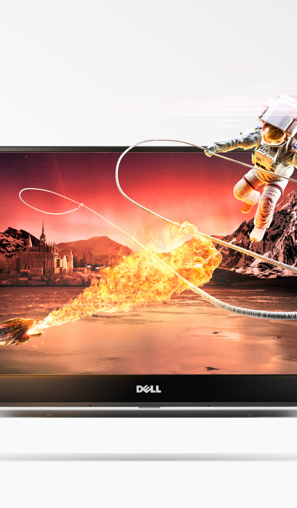 Дракон и астронавт вылетают из ноутбука Dell на белом фоне