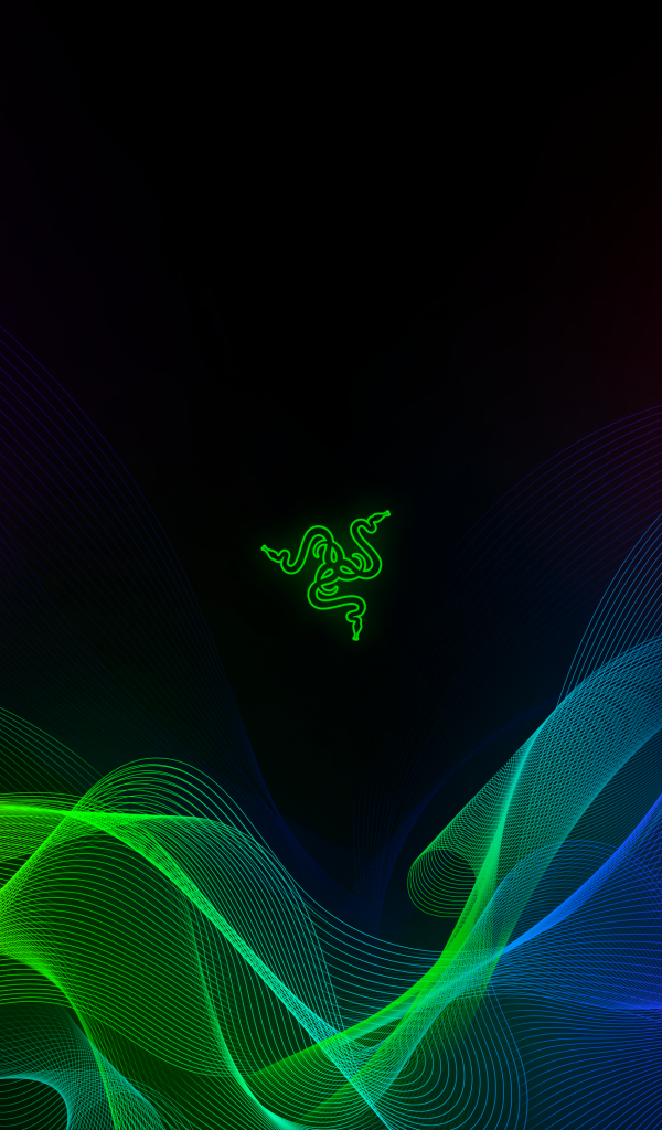 Зеленый логотип  Razer на черном фоне с разноцветной абстракцией