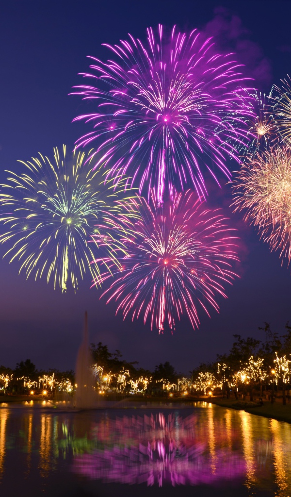 Красивый яркий праздничный салют над водой