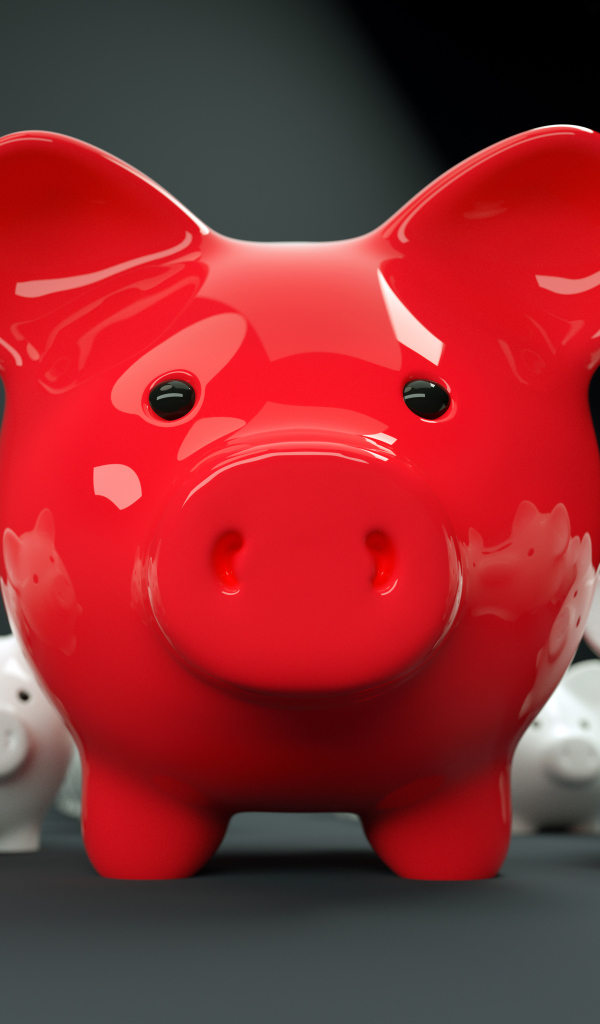 Большая красная свинья копилка на фоне белых