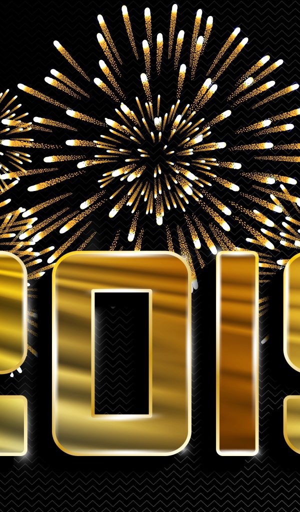 Блестящие цифры 2019 на черном фоне на с салютом
