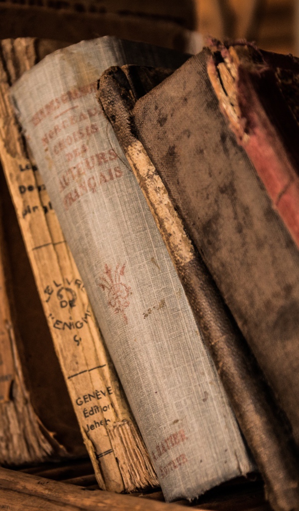 Старые потрепанные книги лежат на полке