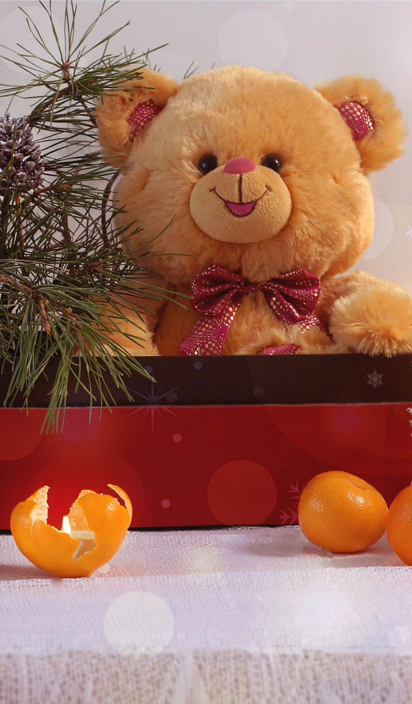 Медвежонок Тедди в коробке с еловой веткой на столе с мандаринами 
