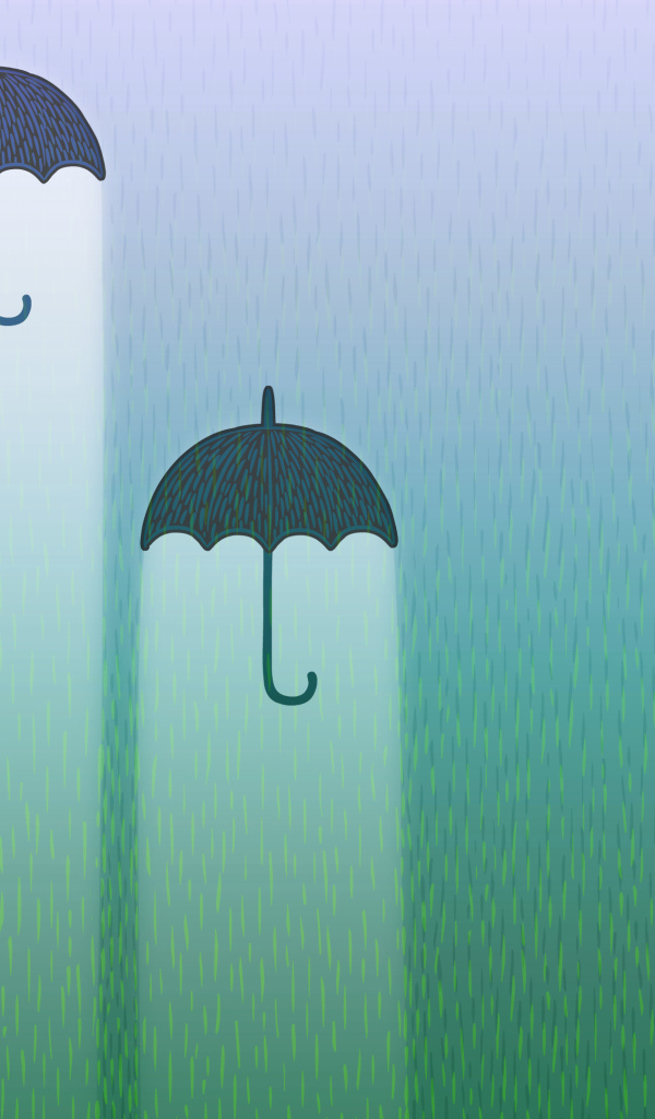 Три черных зонтика со светом на фоне дождя