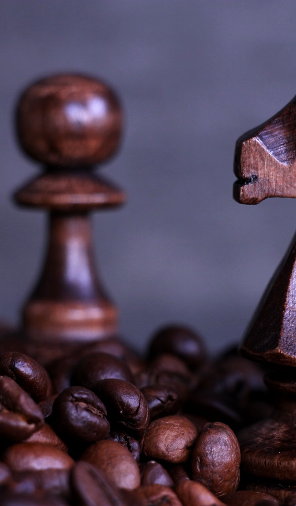 Деревянные шахматные фигуры стоят на кофейных зернах 