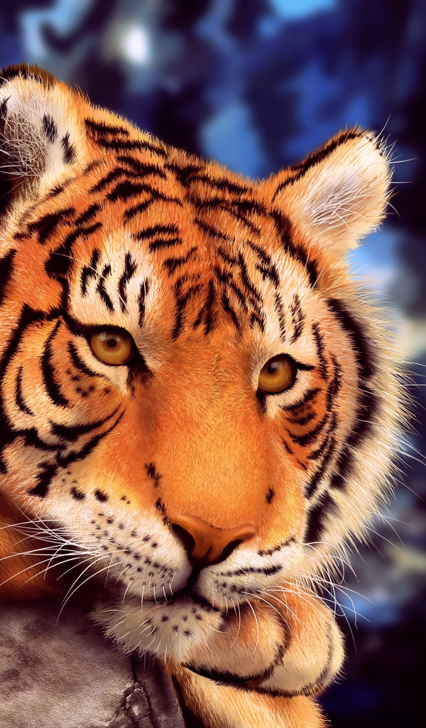 Большой нарисованный тигр лежит на камне