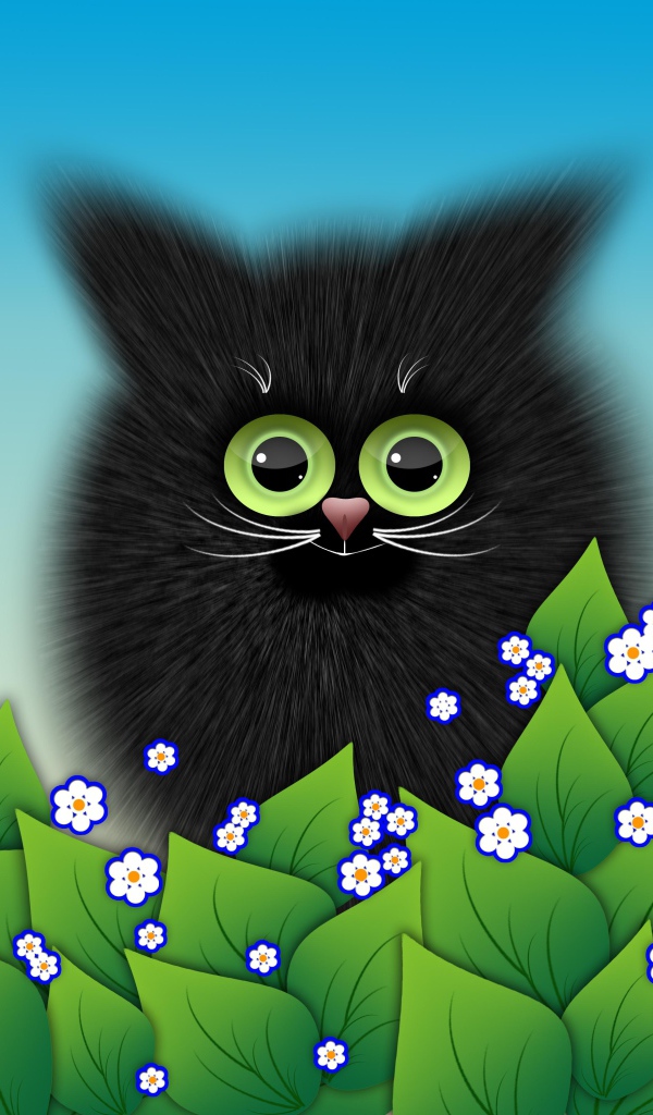 Black kitten with green leaves vector drawing
