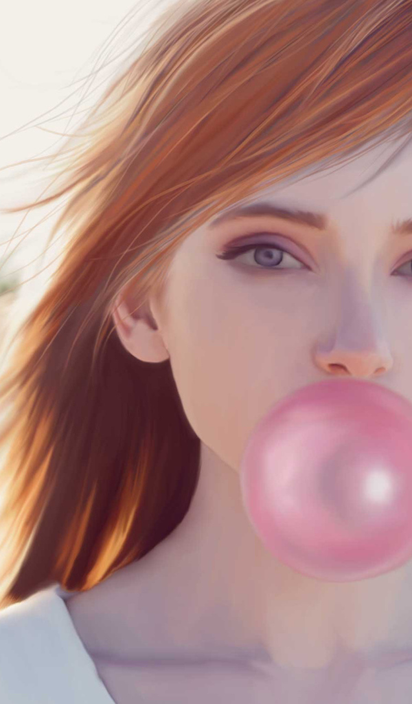 Drawn girl with chewing gum in mouth