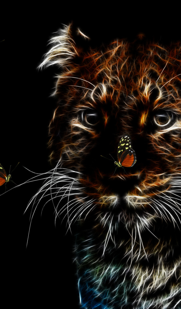 Нарисованный неоновый леопард с бабочками на черном фоне