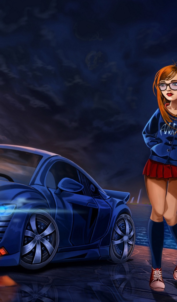 Нарисованная девушка в короткой юбке у автомобиля ауди