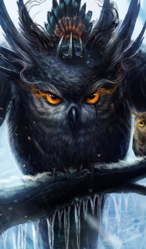 Нарисованная сова мать с птенцом на ветке