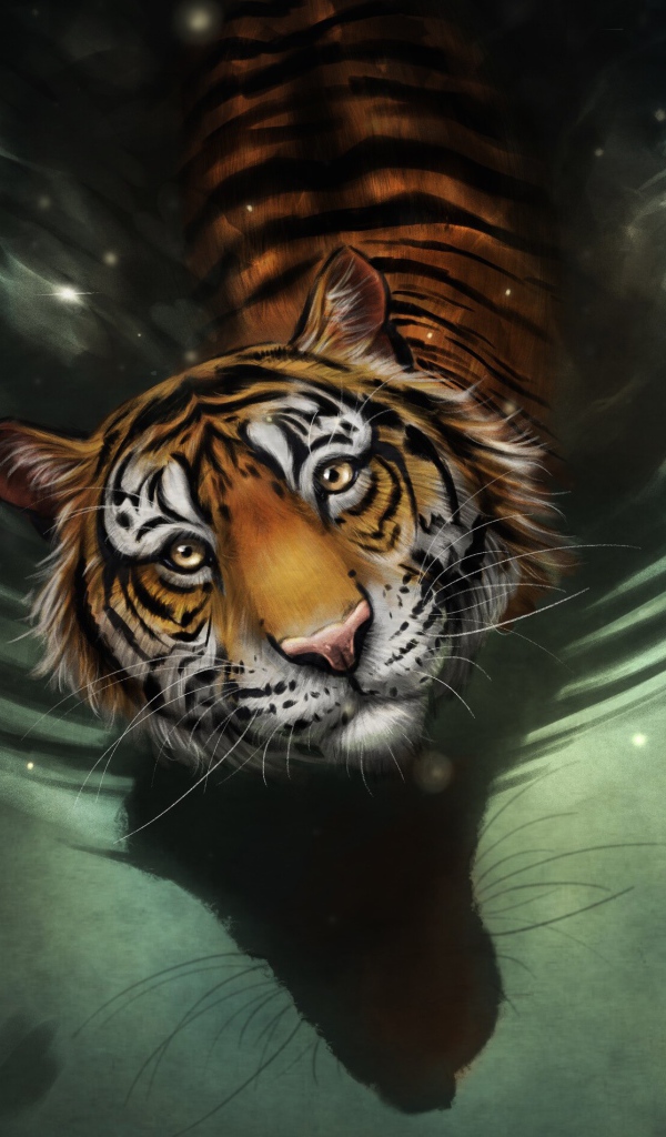 Нарисованный полосатый тигр стоит в воде