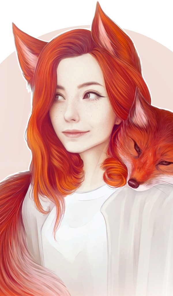 Красивая рыжеволосая девушка с лисой на шее 