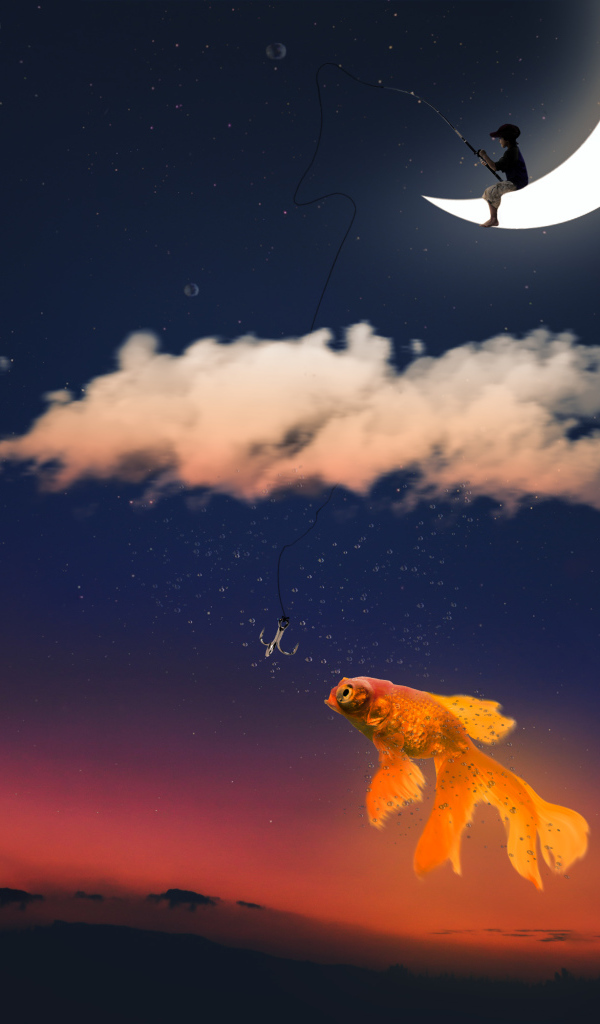 Мальчик на месяце ловит золотую рыбку фэнтези