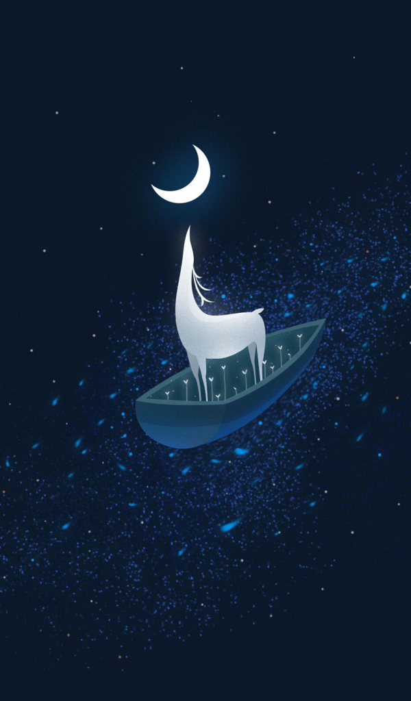 Фантастический олень на лодке у месяца на синем фоне