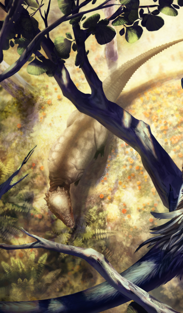 Фантастический дракон сидит на ветке 