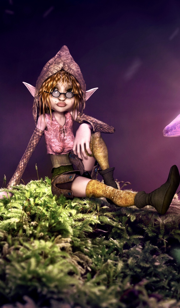 Фантастический эльф сидит на покрытой мхом земле с неоновыми грибами