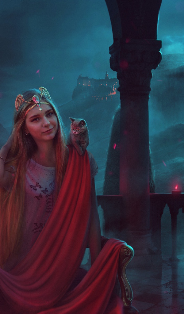 Фантастическая девушка с серым котенком на плече