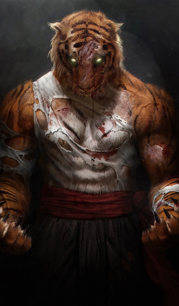 Фантастический тигр воин на сером фоне