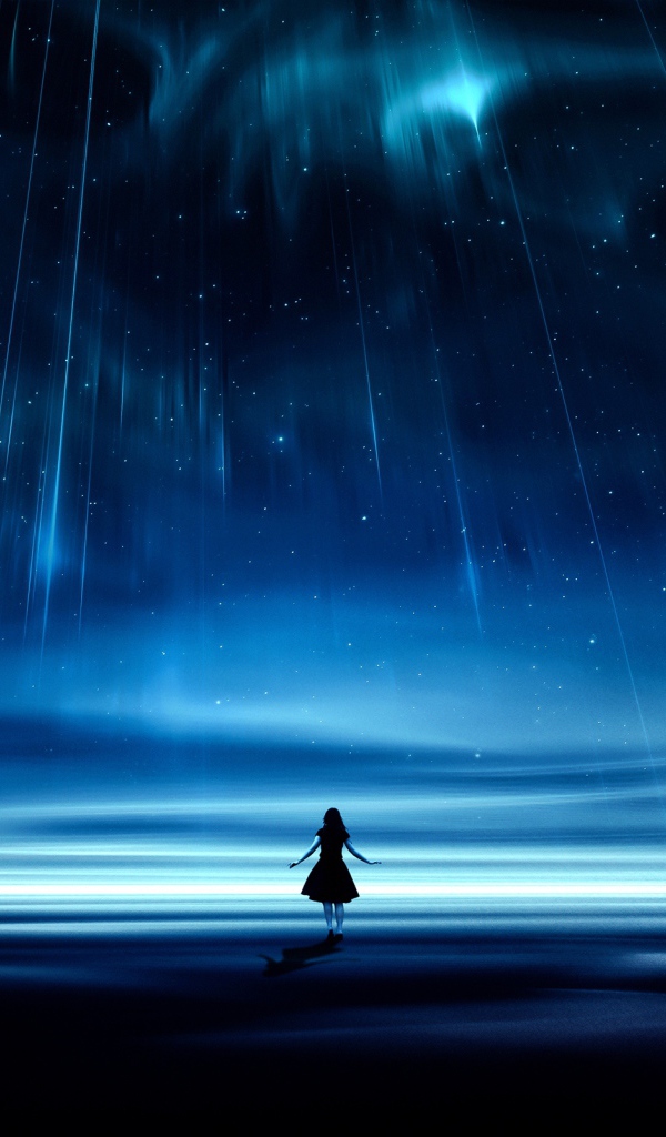 Девушка под фантастическим звездопадом в красивом небе