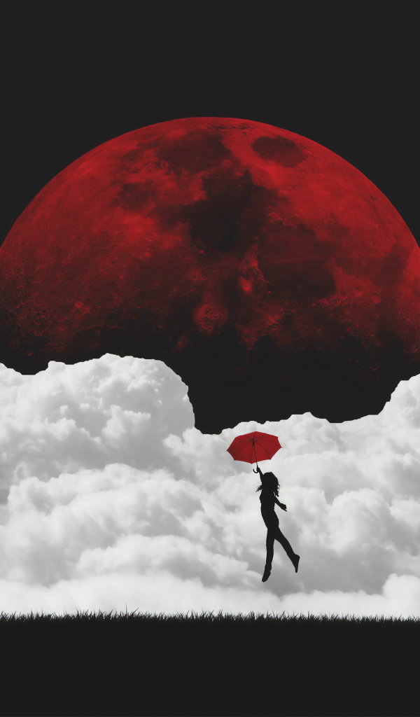 Силуэт девушки с зонтом на фоне кровавой луны
