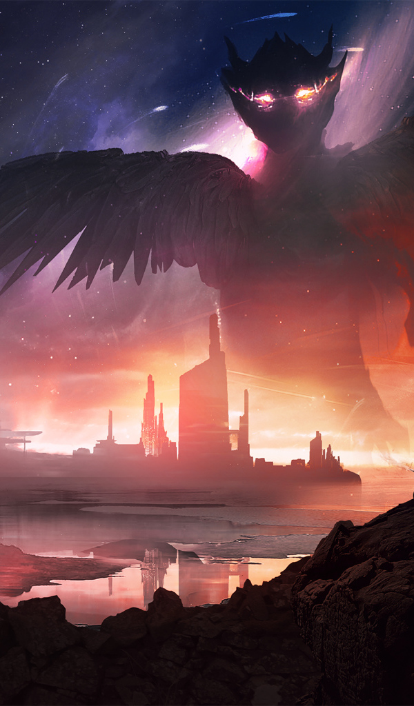 Девушка на камне на фоне фантастического дракона в небе 