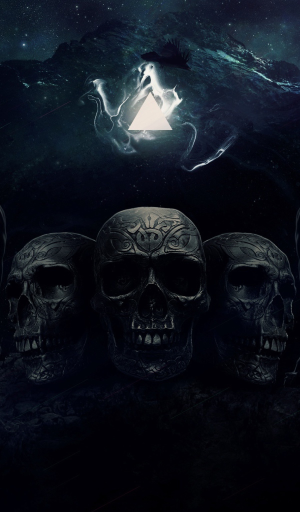 Три черепа на фоне гор с лошадьми, фэнтези