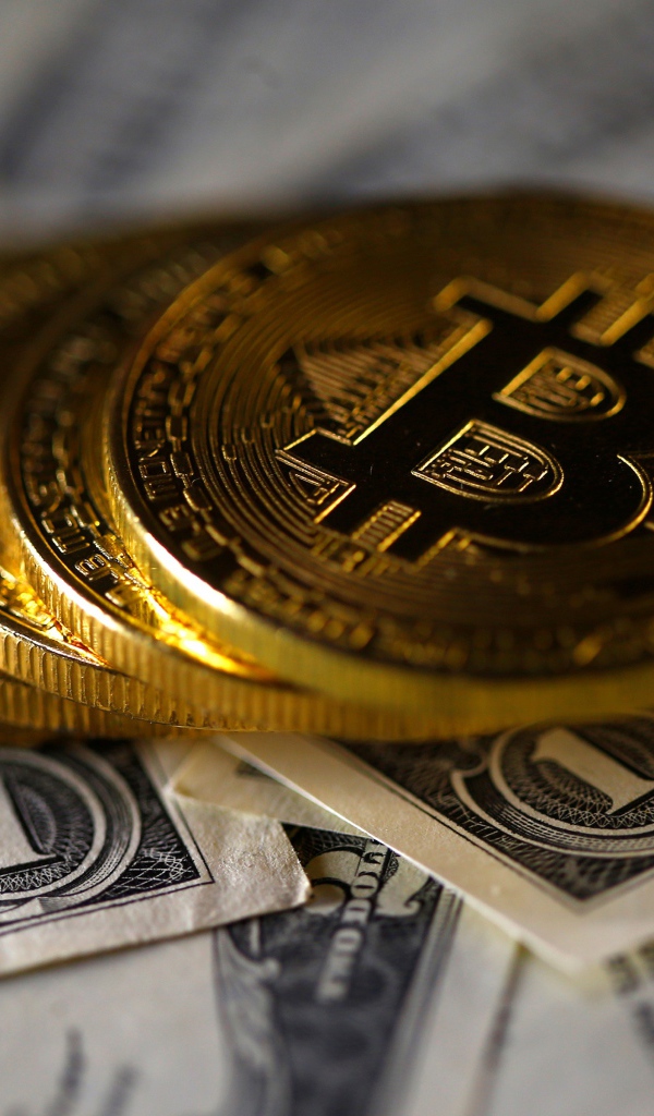 Монеты Биткоин лежат на купюрах по одному доллару
