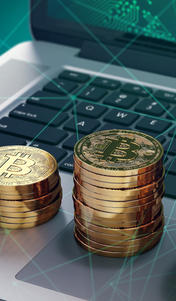 Bitcoin gold coins lie on a laptop