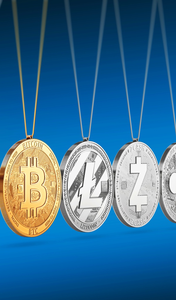 Разные монеты электронных валют на голубом фоне