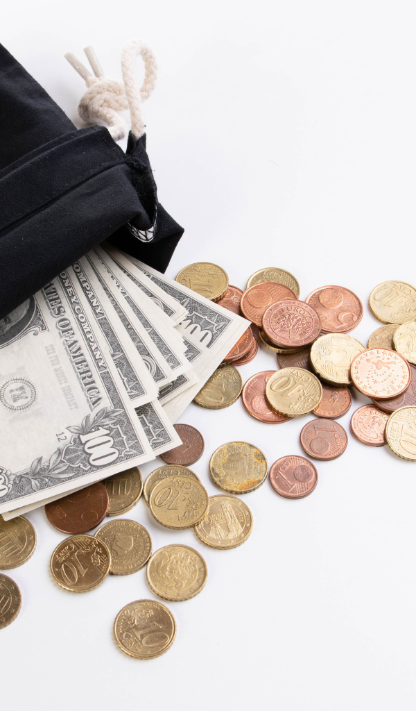 Кошелек с монетами и долларами на белом фоне