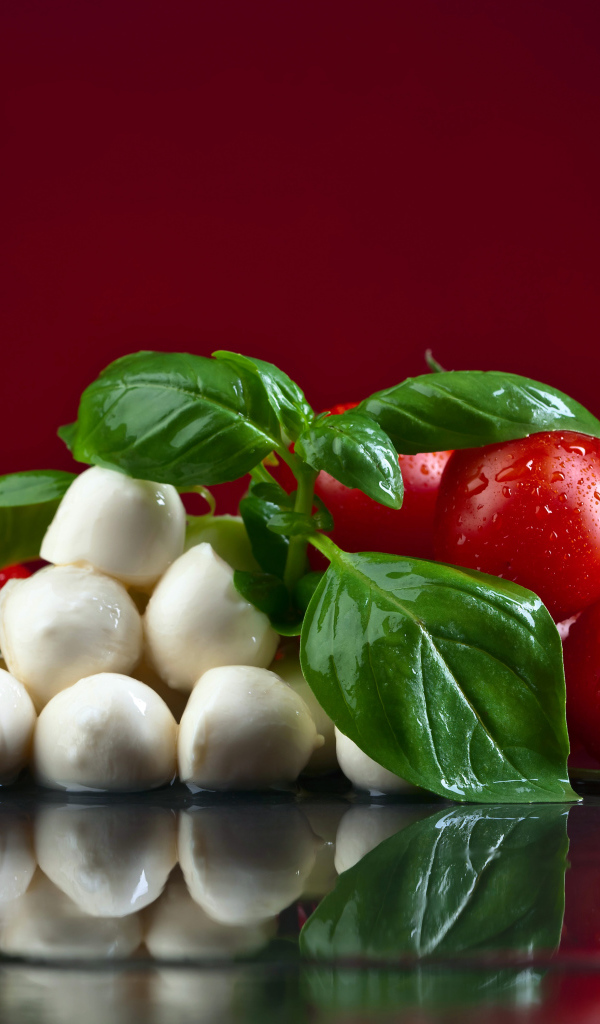 Сыр на столе с зеленью базилика и красными помидорами