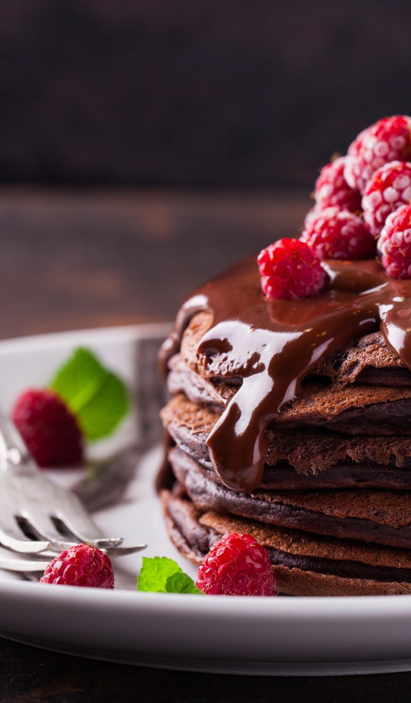 Шоколадные оладьи на тарелке с шоколадом и ягодами малины 
