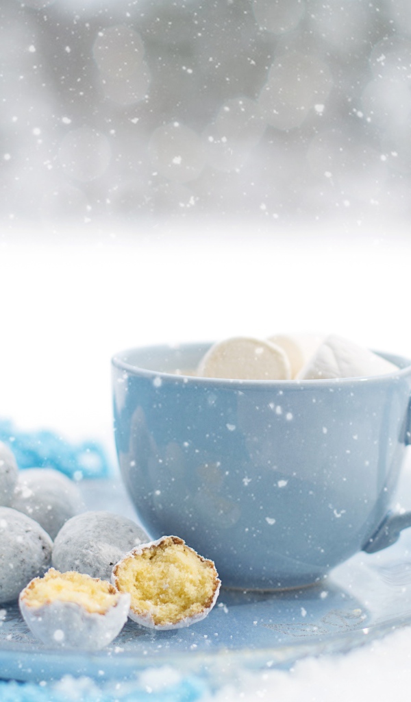 Чашка кофе с маршмеллоу на тарелке с пряниками зимой