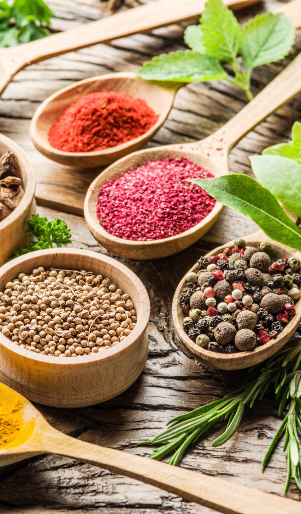 Разные специи в деревянных ложках на столе 