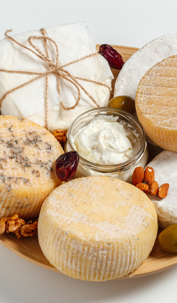 Разные виды сыра на тарелке с орехами на сером фоне