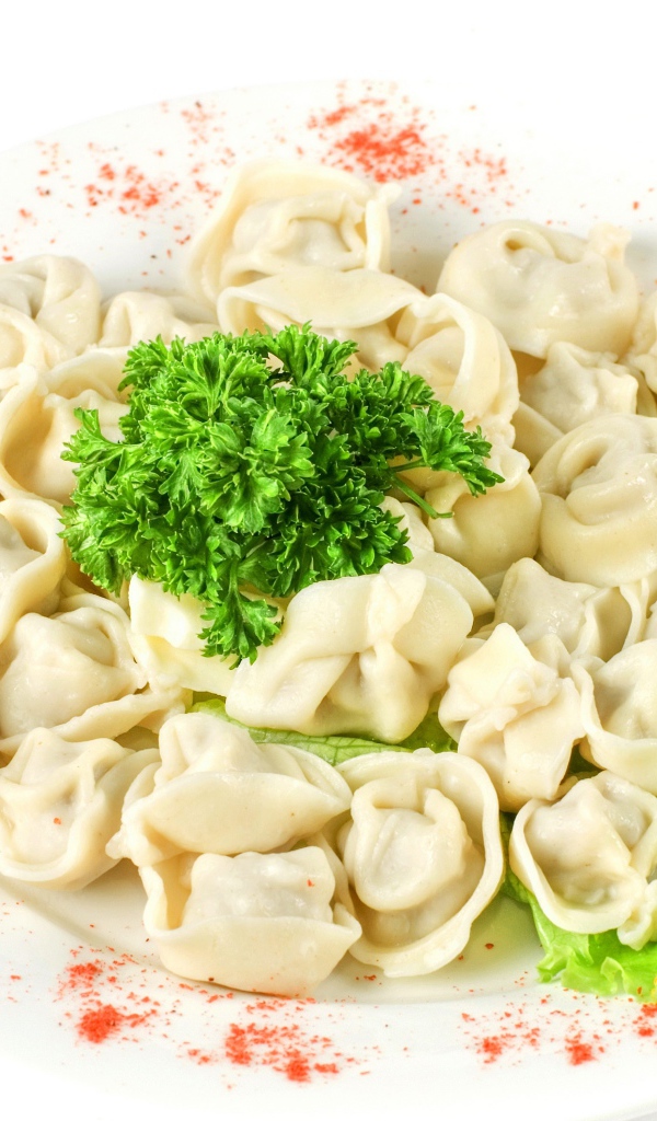 Пельмени с петрушкой и листьями салата на телке с красным перцем 