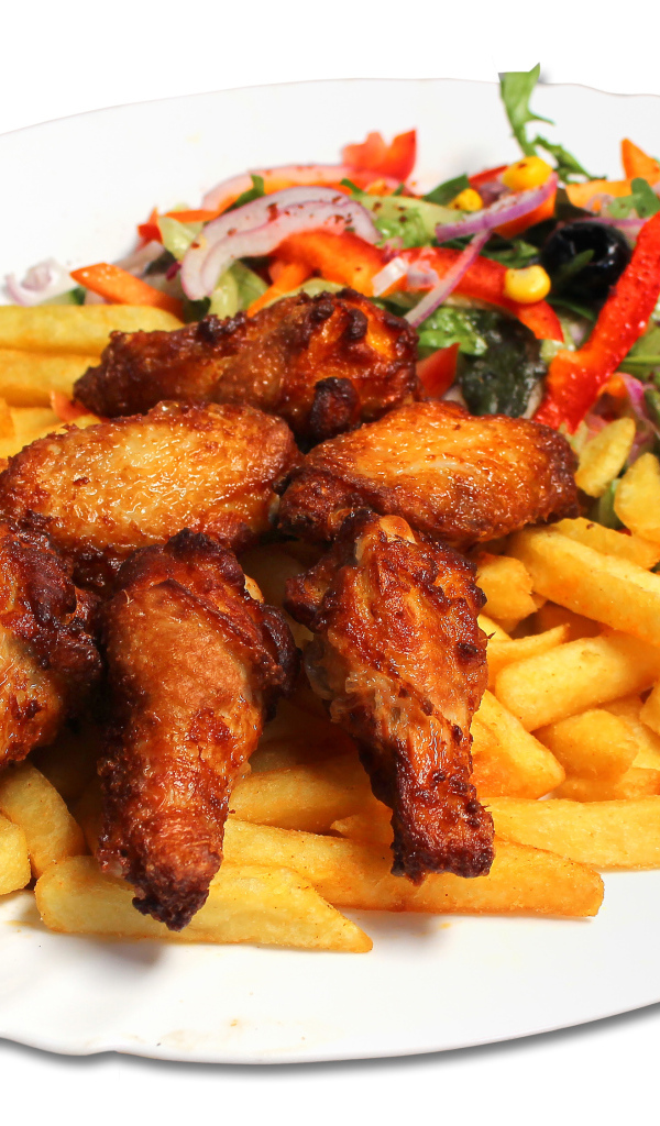 French fries with fried chicken and salad on a white plate