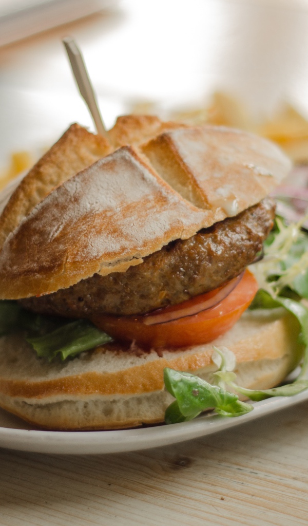 Гамбургер на тарелке с салатом 