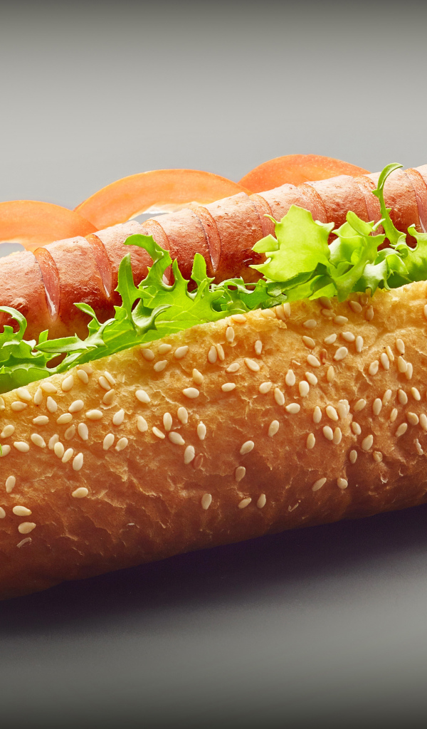 Хотдог с сосиской гриль и листьями салата на сером фоне