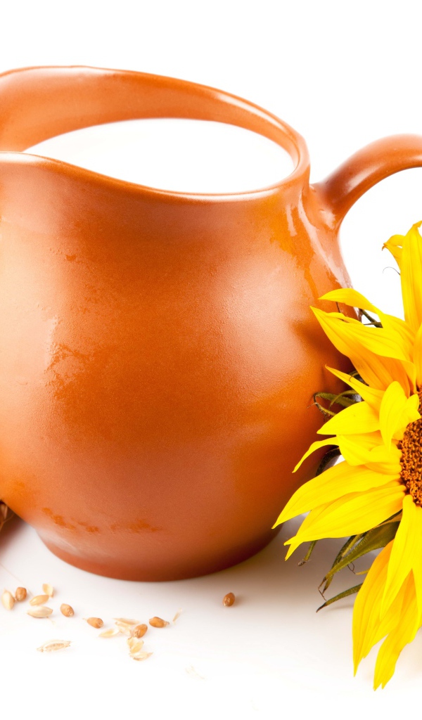 Кувшин с молоком на белом фоне с хлебом и подсолнухом