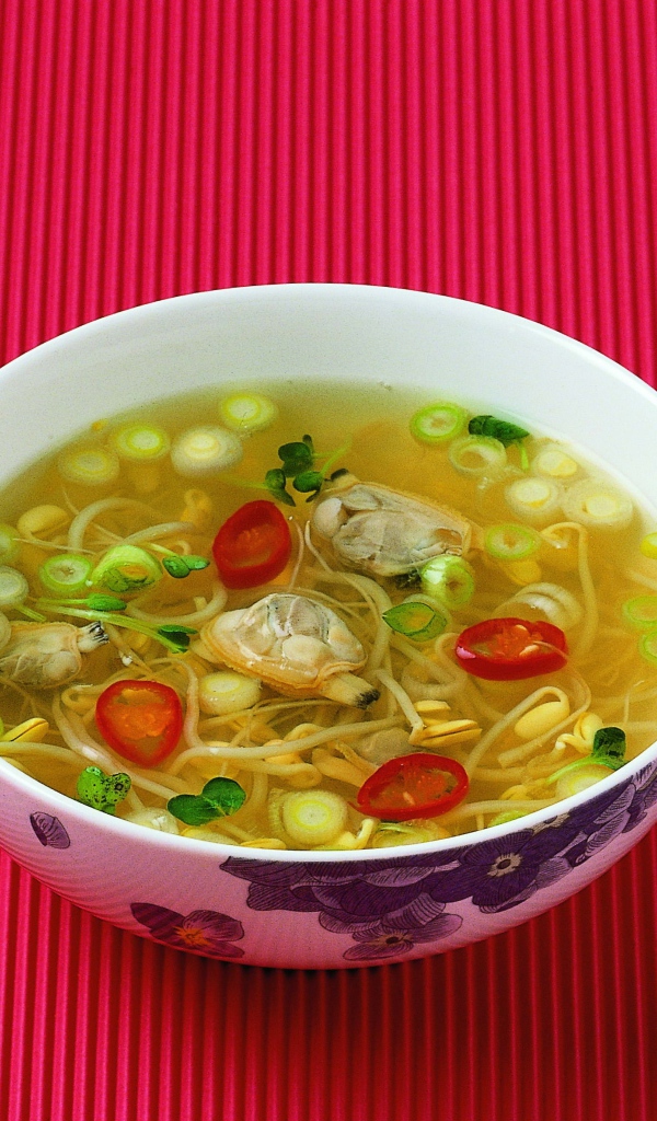 Тарелка супа с морепродуктами на красном фоне