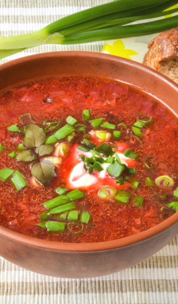 Красный борщ с луком на столе с хлебом 