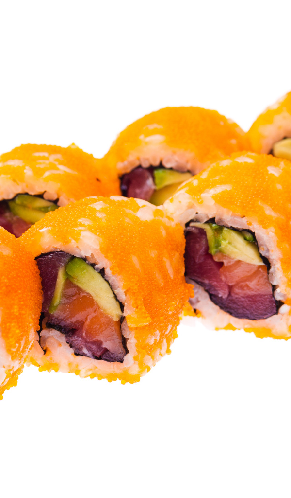 Роллы с красной икрой на белом фоне 