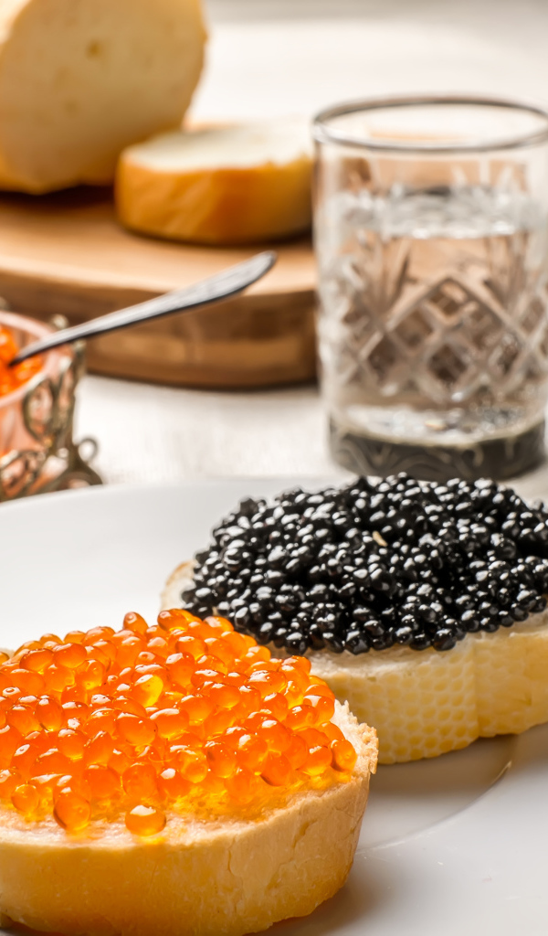 Бутерброды с красной и черной икрой на столе с водкой