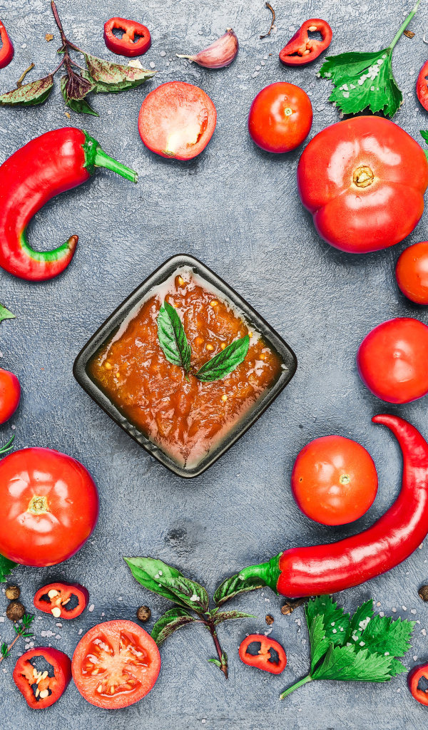 Соус на  сером фоне с овощами, специями и зеленью