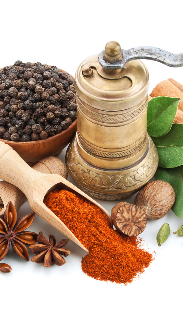Пряные специи на столе с мельницей на белом фоне