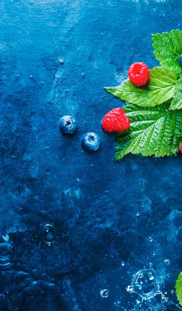 Чашка с ягодами черники и малины на синем столе