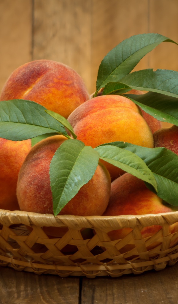 Корзинка персиков с зелеными листьями на столе